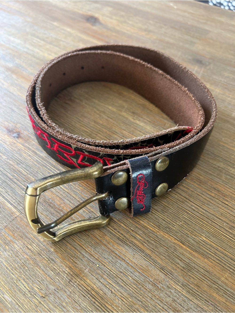 Vintage Ed Hardy Leather Tattoo Graphic Belt Skull Y2K Red Logo - Picture 2 of 5